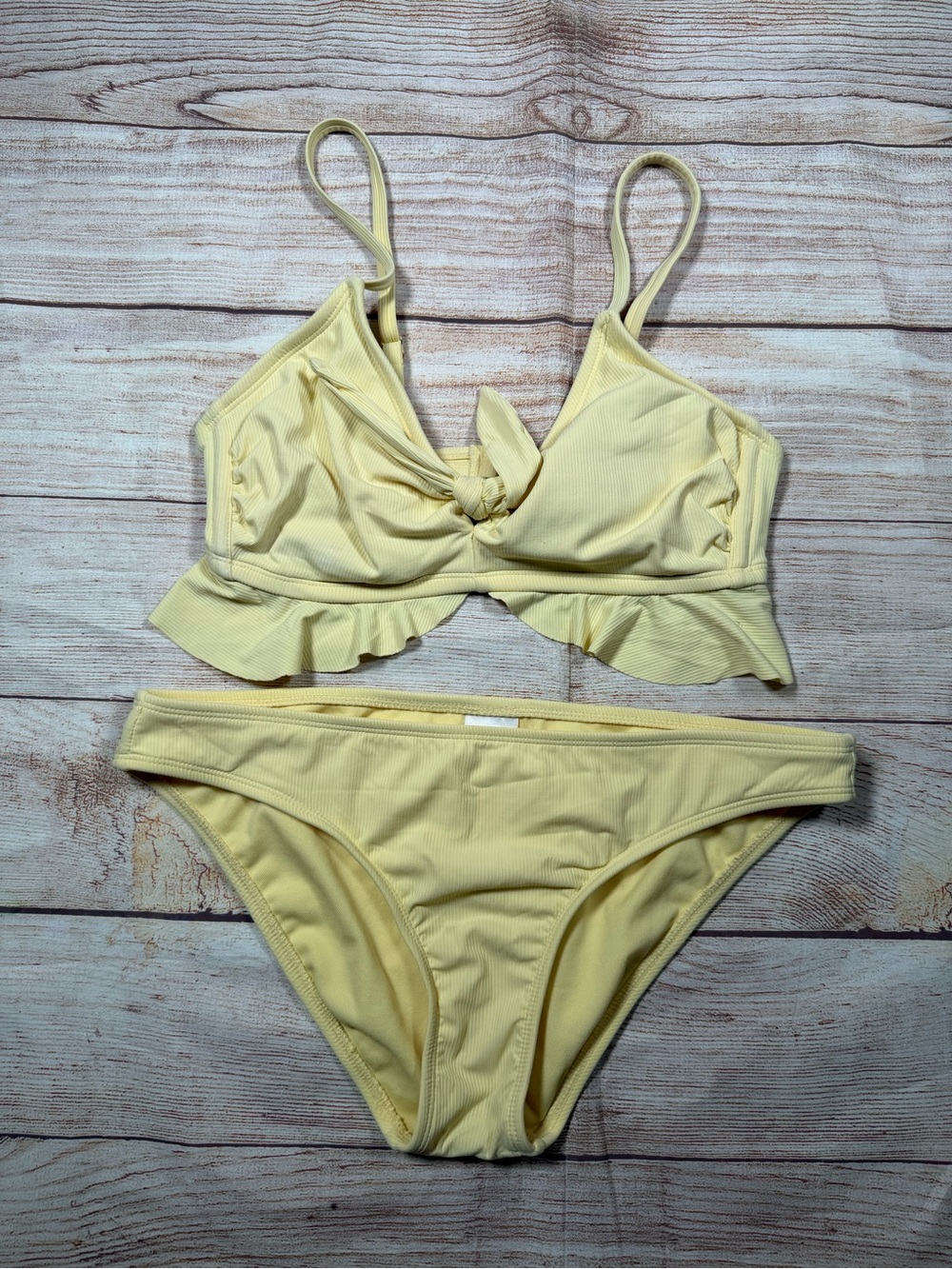 Butter Yellow Ruffle Ribbed Bikini Set with‎ Front Tie
